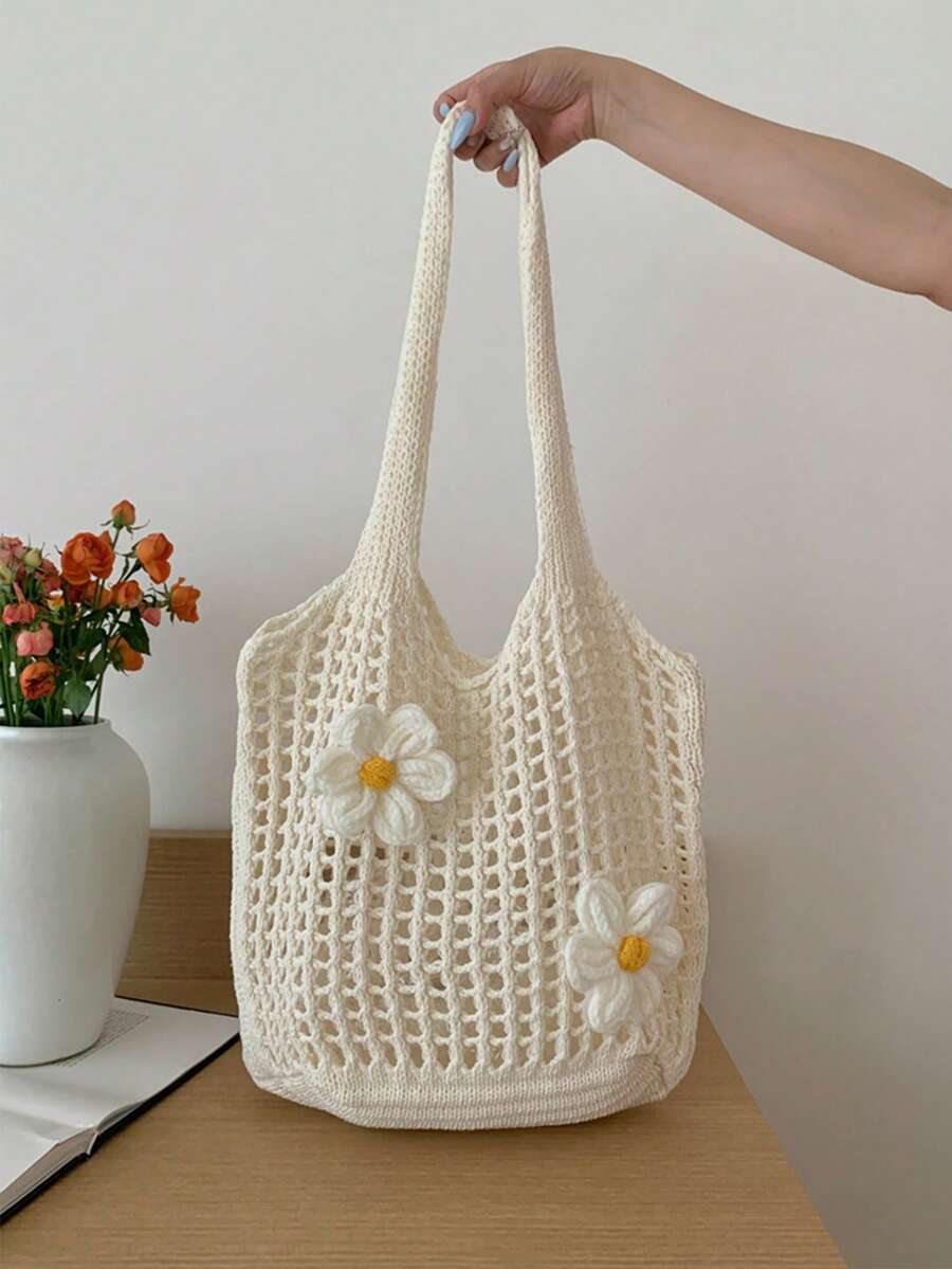 Yogodlns Knitted Tote Bag Woven Hobo Bag Large Capacity Fashion Tote Handbags With Flower Decor Casual Beach Bag Simple Summer Bag Women's Knitted Shoulder Bag Summer Handbag Ins Large Capacity Shopping Tote Bags Woven Hollow Mesh Beach Bags Cool Girl - Beige - View 1