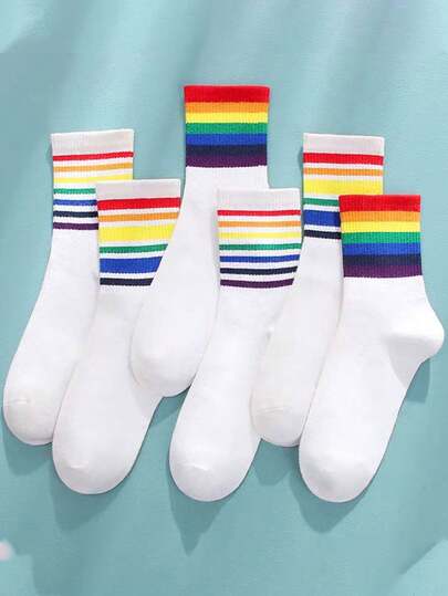 3/6 Pairs Couples Rainbow Socks, Fashion Striped Socks For Women, Crew Socks, Short Socks, Sports Style, For Fall