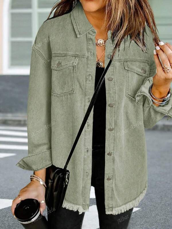 Damen Einfarbige Lässige Denim Jacke mit Taschen und ausgefranstem Saum, Langarm, Frühling/Herbst
