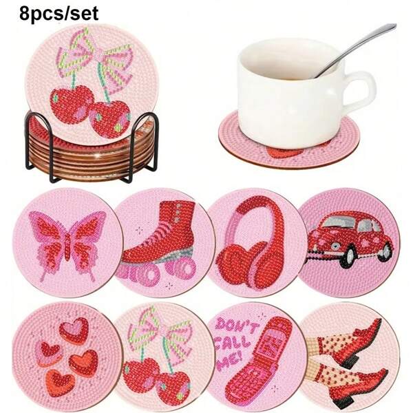 8pcs/Set Cute Pattern Diamond Painting Coaster Set, Sparkly Crystal Rhinestone Reusable Drink Coasters With Holders, DIY Coasters For Beginners And Adults, Rhinestone Arts And Crafts Supplies Gift