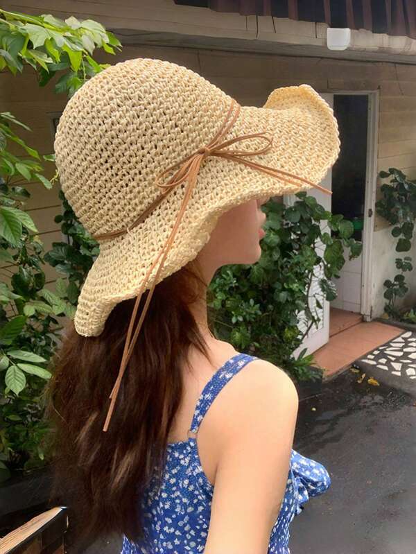 1 pezzo Cappello di paglia alla moda da donna, stile coreano versatile per primavera/estate, con ampia tesa, adatto per spiaggia, viaggio, attività all'aperto, uso quotidiano, regalo