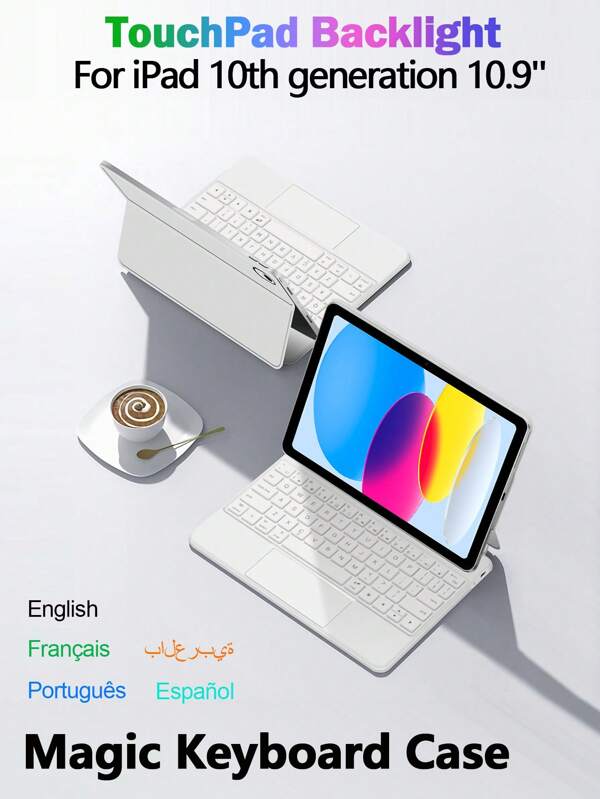 Funda de teclado mágico compatible con iPad de 10.a generación de 10.9 pulgadas 2022 2020, funda de teclado inteligente con soporte compatible con iPad10 A2757 A2696 A2777 A3162, tableta con teclado retroiluminado y trackpad en árabe, español, portugués, francés, ruso