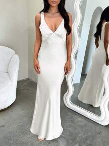 Look Polly Summer Women Dresses,Solid Color Silk Long Skirt Suspender Dress,Wedding Women Dresses Fall Women Clothes, Back To School Clothes,All White Party Outfit Women Off-The-Shoulder Dress Prom Dress,Elegant And Sexy V-Neck Long Dress