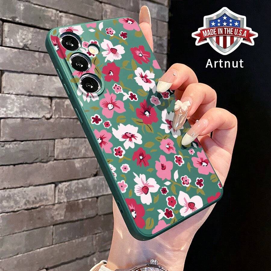 Funda de teléfono de TPU de borde recto compatible con Samsung Galaxy S23 Ultra S24 Plus S25 S22+, con patrón de paraíso de pétalos, protección contra caídas, a prueba de golpes, de silicona líquida suave para smartphone - Verde militar - Ver 1