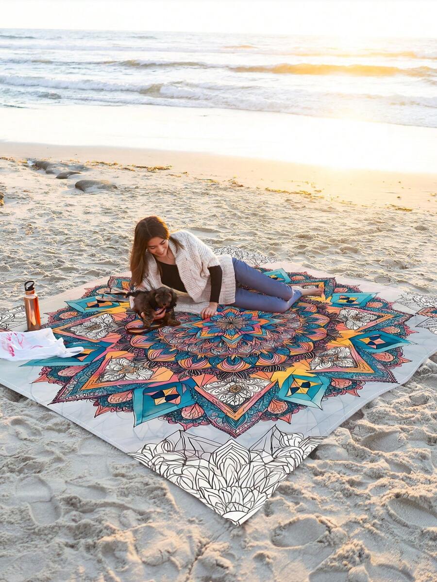 1pc New Outdoor Waterproof Sandproof Digital Printed Picnic Mat/Beach Towel, Fashion And Fresh Pattern, Suitable For Camping And Picnic - Multicolor - View 1