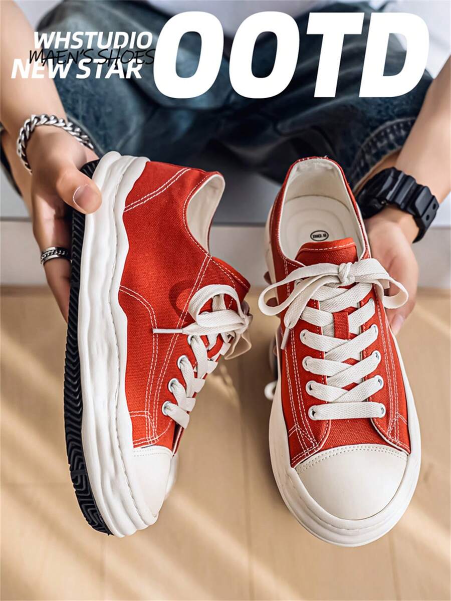 New Spring Men's Low-Top Canvas Sneakers, Niche Design Breathable Low-Top Lace-Up Thick Sole Slip-Resistant Lightweight Comfortable Skate Shoes, All-Match Vintage Casual Shoes