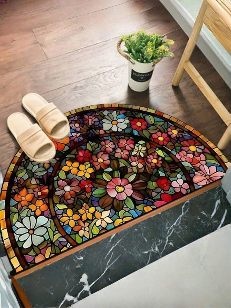 1pc Vibrant Floral Welcome Mat - Colorful Stained Glass Style, Washable Lightweight Polyester, Semi-Circle, Ideal For Entryway, Bedroom, Living Room, Laundry Room And Patio Decor, Home Decorative Rug, Graduation Ceremony And Perfect Gift, Entrance Mat | Vibrant Welcome Mat | Washable Mat - Multicolor - View 1