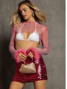 Feather Rhinestone Crop Top - 玫紅色 - 查看 2