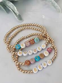 1pc Custom Gold Beaded Name Bracelet, Custom Name Tag, 4mm 14k Gold Plated Round Beads With Colorful Letter Beads Stretch Bracelet, Personalized Gifts For Men And Women, Women's Personalized Bracelet, Unique Gift For Friends/Girlfriends/Family/Mom, Suitable For Women, Mother's Day Gift, Valentine's Day Gift, Christmas, Birthday Gift, Wedding, Party And Daily Wear