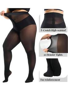 1双/2双加大码女式紧身裤，半透明T型裆部防撕裂高腰连裤袜，加固脚趾 - 彩色 - 查看 4
