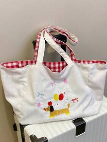 1 chiếc túi tote vải canvas màu be thêu hình cún con dễ thương, có thể gấp gọn và nhẹ, dung tích lớn, túi đeo vai cho nữ, có nơ, kiểu Kawaii. - Màu be - Xem 5