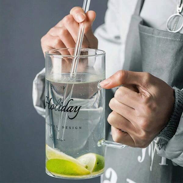 1pc 700ml Transparent Glass Cup With Lid, Heat Resistant, Letter Print, Large Capacity Beverage, Beer, Coffee, Milk Cup With Handle