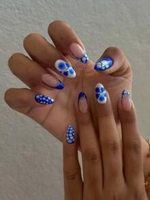 24Pcs Short Oval Flower Nails 3D Gelnail Makes Design French Acrylic Press On Nails Short Perfect Fit Fake Nail Set,Include: 1Pc Jelly Glue And 1Pc Nail File,Easy To Wear Summer Nails & French Tip Press On Nails Art For Women And Girls Daily Life Rave Party Use Nail Supplies Nails - Blue - View 7
