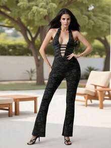 Mono de encaje para mujer, estilo halter cruzado, espalda abierta, sin mangas, largo, de verano, ajustado, para discoteca - Negro - Ver 3