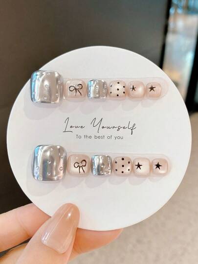 12Pcs/Set Press-On Fake Toe Nail Art Manicure Supplies, Handmade Nail Tips With Nail File, Reusable Ballet Dance Pedicure Decor For Women, Elegant For Teacher, Student, Work, Travel, Casual, Beach Sandals Summer Press On Nails Nails