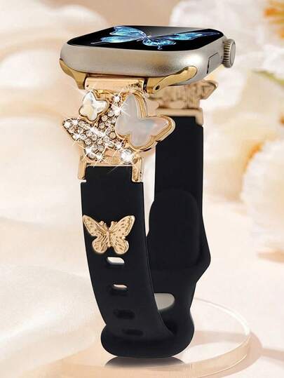 1条女士金色蝴蝶水钻金属拼接黑色硅胶表带，兼容 38/40/41/42/44/45/46/49mm，兼容 S10/11/9/8/7/6/5/4/3/2/1/SE系列，时尚休闲风格，柔软亲肤，夏季配饰，生日礼物，日常装饰，闪亮蝴蝶图案。
