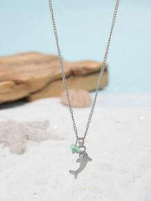1pc Popular Women Fashionable Beach & Ocean Theme Personality Shark Natural Stone Pendant Necklace, Ideal Gift For Wedding, Engagement Party, Halloween - 銀色 - 查看 8