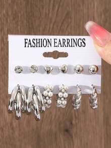 Bộ khuyên tai kim loại hình học thời trang 22/12/10 chiếc dành cho nữ, phong cách Punk cổ điển, đính ngọc trai giả, đa năng để đeo hàng ngày hoặc trong những dịp trang trọng - Bạc - Xem 4