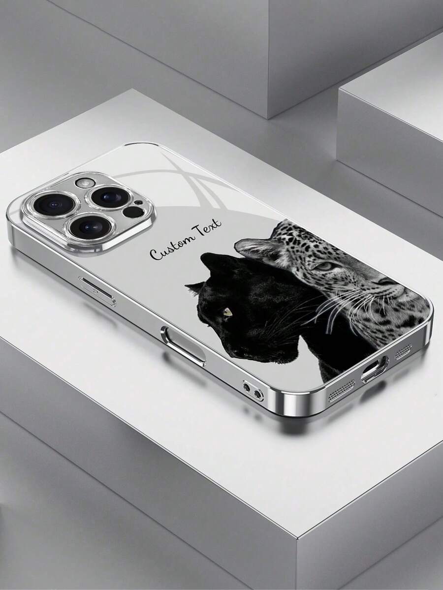 1pc Customizable Leopard Pattern Tempered Glass Phone Case, Compatible With Iphone 17 Air/16 Pro Max/15/17/13/12/11/XS Max/6 7 8 Plus, S20 FE/S21/S23 Ultra/S25 Edge, Personalized Gift For Holiday, Birthday, Couples, Pets, Friends, Family, Fashion High-Definition Protective Cover - Silver - View 1