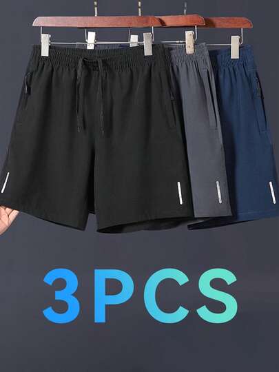 Three-Piece Men's Ice Silk Quick-Drying Sports Shorts, Black, Dark Gray, Navy With Drawstring And Pockets, Suitable For Running Basketball Sports Training Fitness