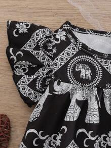 Vestido de verano casual para niñas pequeñas con estampado de elefante de manga corta y estampado floral