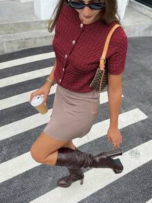 FOR BEAUTY Spring/Summer New Red Twist Flower Round Neck Button Short Sleeved Knitted Cardigan Tops, Simple Temperament, Commuting Style New Year Sweater Jacket - Red - View 3