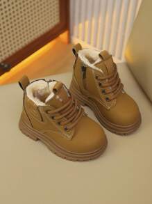 A Pair Of Children's Snow Boots For Autumn And Winter, New Lace Up Zipper Design, Thick And Warm, Lightweight And Fashionable Outdoor Snow Boots - Yellow - View 1