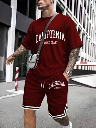 Men's California Letter Print Short Sleeve T-Shirt And Shorts Set
