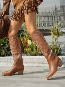 New 2024 Outdoor Plus Size Fashion Women Western Embroidered Knee-High Boots