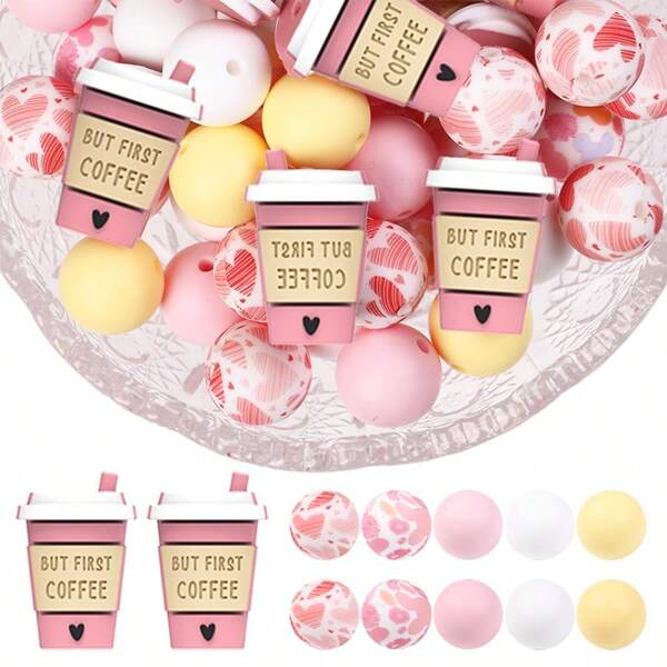 30 PCS 3D Pink Coffee Cup Silicone Beads, Heart & Letter Fashionable Design, Suitable For Jewelry Making, DIY Crafts, Jewelry Making, Beaded Pens, Phone Charms And Bag Accessories
