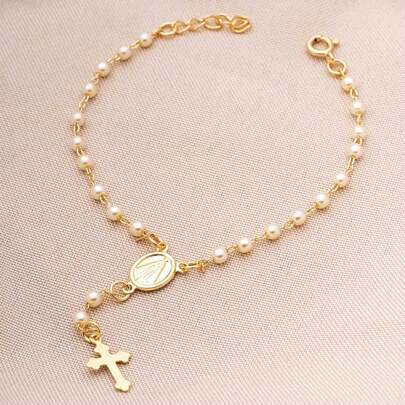 Pulseira Religiosa Terço Pérola Feminina Banhado Ouro 18K