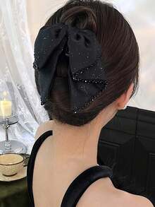1pc Korean Elegant Black Satin Double Layer Ponytail Clip, Fashionable Women's Hair Clip With Beaded Tassel, Starry Sky & Bow Design