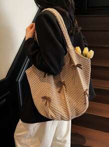Yogodlns Bolso de hombro de punto casual y de ocio, bolso de mano bohemio y dulce con trenzado, bolso de mano de ganchillo calado con lazo grande, bolso tipo tote para vacaciones de verano para mujer, bolso hobo de unicolor y estético con gran capacidad, bolso de mano de punto grande para uso diario de señoras