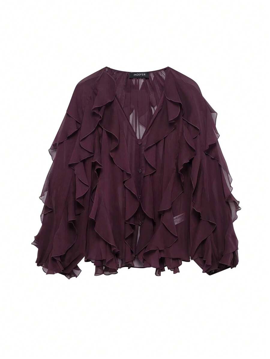 Blusa elegante de mujer de gasa burdeos con volantes en el bajo, blusa de verano de unicolor semitransparente de manga larga con cuello en V y cierre de un solo botón, de moda para primavera - Burdeos - Ver 1