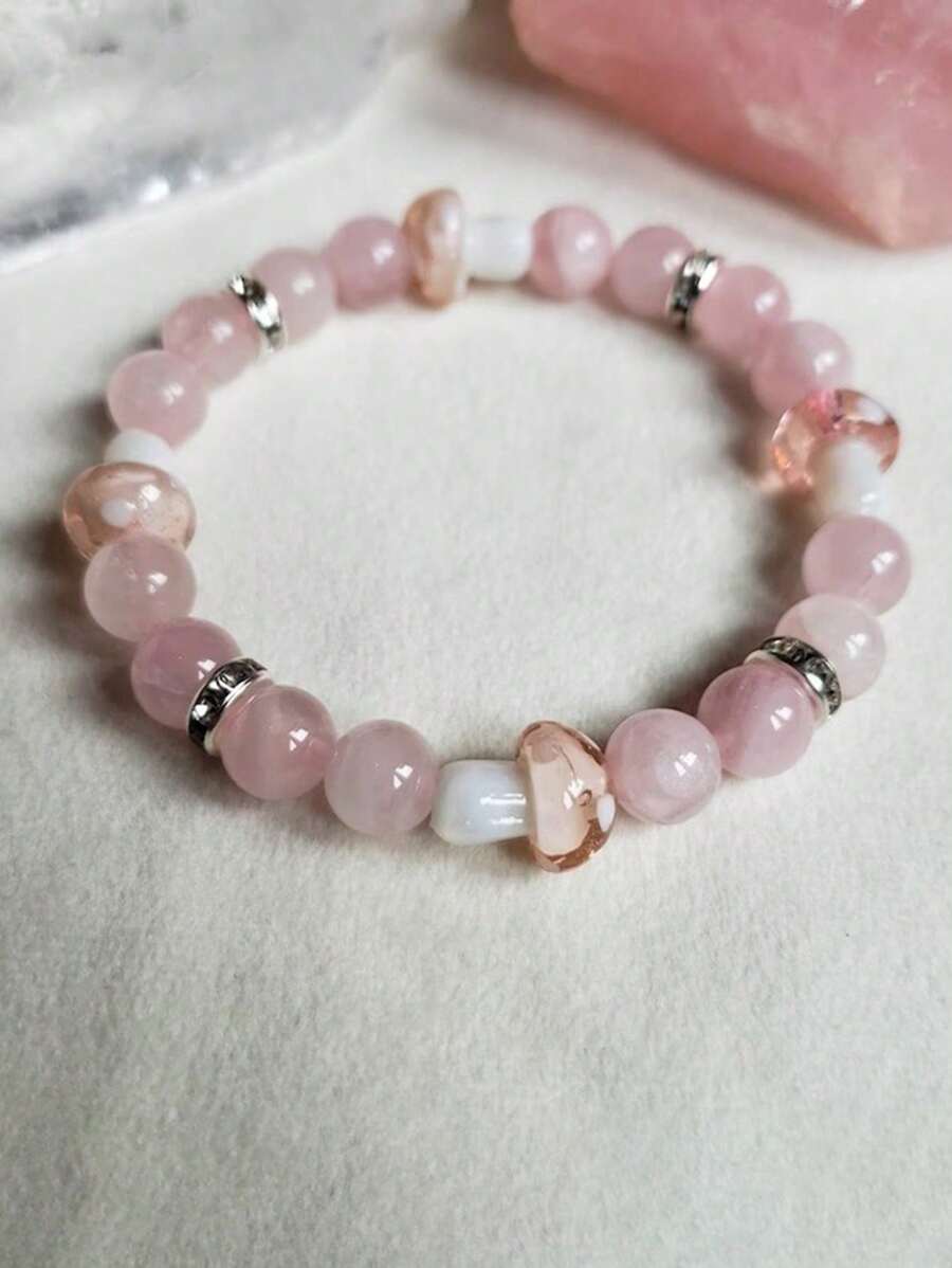 1 pieza Pulsera con diseño de hongo rosa dulce y fresco hecho de cuentas naturales, con decoración de rhinestones, para damas, uso diario y fiestas