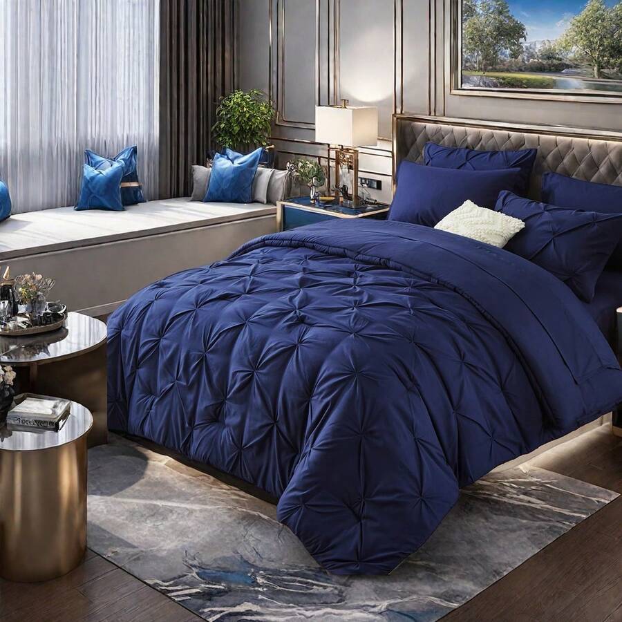 7 Pieces (Full/Queen/King) Elegant Bed In A Bag Comforter Set, Twin(5 Pieces),Stylish Solid Comforter, Soft Microfiber, Comfortable And Warm, Cloud-Like Soft Bedding Set, Bedroom Decor For Spring/Summer/Autumn/Winter, Ideal Gift - DarkBlue - 查看 1