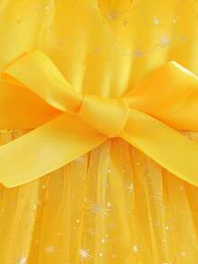 Toddler Girls Tulle Dress Sleeveless Star Print Belted Pageant Dress Kid Wedding Ball Gown - Màu vàng - Xem 5