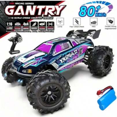Monster Truck RC 4WD sem escovas, escala 1:16, 80 km/h – Velocidade com nitro e luzes de LED, carro elétrico 4x4 com controle remoto para adolescentes amadores de RC (monte seu próprio chassi de liga leve profissional para todos os terrenos)