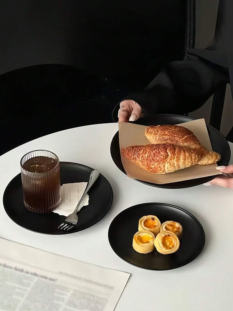 1pc Ins Style Black Premium Dessert Plate, Stainless Steel Tea & Snack Display Plate, Afternoon Tea Cake & Fruit Plate - Black - View 1