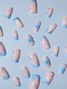 24pcs Short Square 3D Gel Nail Stickers, Pearl Decor Design, Light Blue French Acrylic Press-On Nail Stickers, Perfectly Fit Short Nails, Set Includes 1 Jelly Gel And 1 Nail File, Easy To Wear, Suitable For Summer Nails And French Manicure, Suitable For Women And Girls For Daily Wear And Parties. - Multicolor - View 4