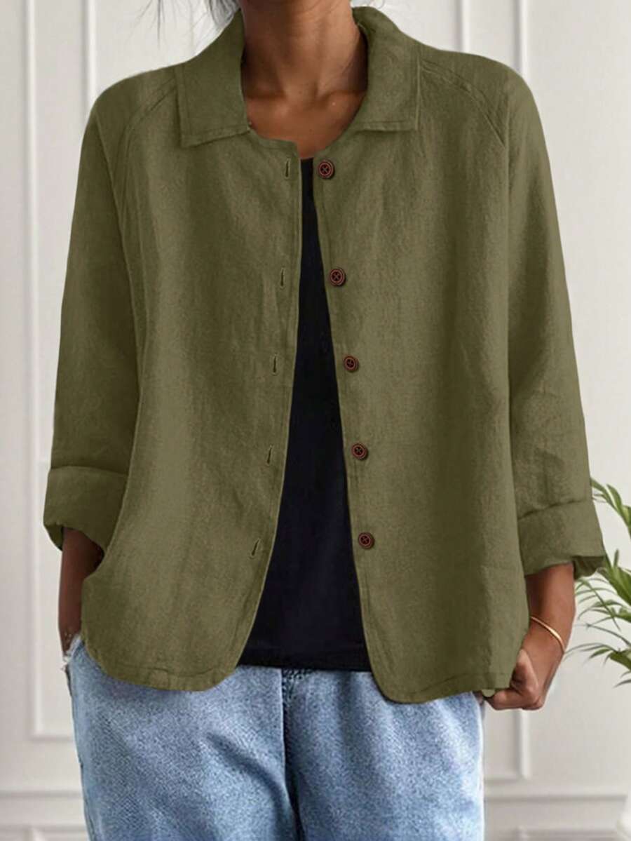 Jisfaneya Solid Color Collar Linen Blend Green Jacket, Casual Multipurpose Lightweight Spring/Summer Outerwear - Green - View 1