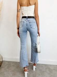 Quần Jeans Ống Loe Nữ, Quần Ống Loe Thường Ngày, Quần Ống Loe, Màu Trơn Đơn Giản & Thời Trang Có Túi & Khóa Kéo, Thích Hợp Cho Mùa Đông, Mùa Thu, Mùa Hè - Màu xanh nhạt - Xem 3