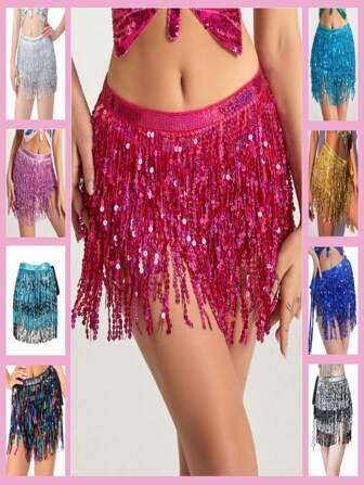 1 件闪亮流苏腰裹裙腰带，4 层亮片流苏肚皮舞、拉丁舞、舞蹈表演臀巾，适用于万圣节、狂欢节舞蹈、舞会装饰配件腰链腰带