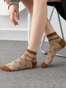 5 Pairs Women Short Socks With Striped Letter Pattern, Multi-Color, Simple, Contrasting Color, Sporty, Fashion, Versatile, Spring/Summer