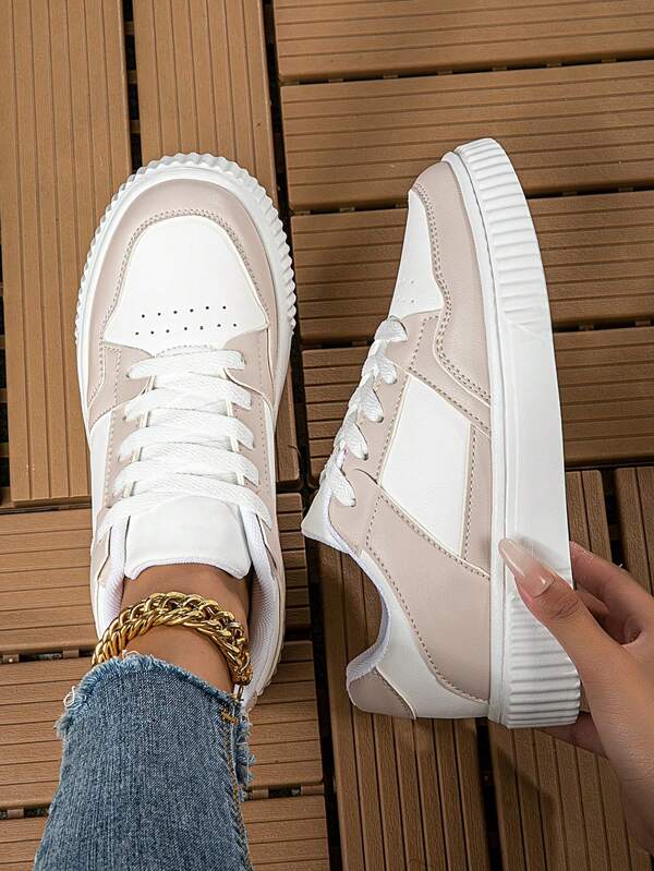 Women's Fashionable Casual Sneakers Low-Top Lace-Up Breathable Color Block Athletic Shoes, Lightweight & Comfortable
