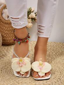 优雅花卉装饰休闲一脚蹬鞋，涤纶纤维，精致的3D花朵，适合度假、派对、办公室、室内和室外，温柔甜美风格，夏季