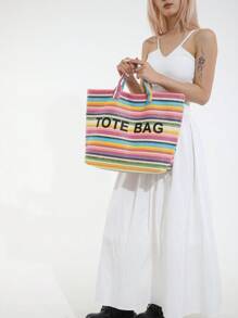 Bolsa tote de palha grande com letras listradas coloridas e bordadas, leve e prática, cor contrastante, bolsa para viagem na praia, adequada para mulheres, bolsa versátil, bolsa para laptop, bolsa de múmia, bolsa de viagem, bolsa grande unissex