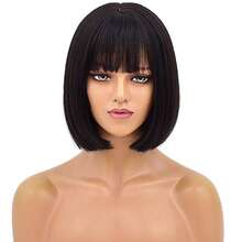 12inch Black Bob Bangs Short Straight Wig Female Synthetic Fiber Head Cover Short Bob Wig