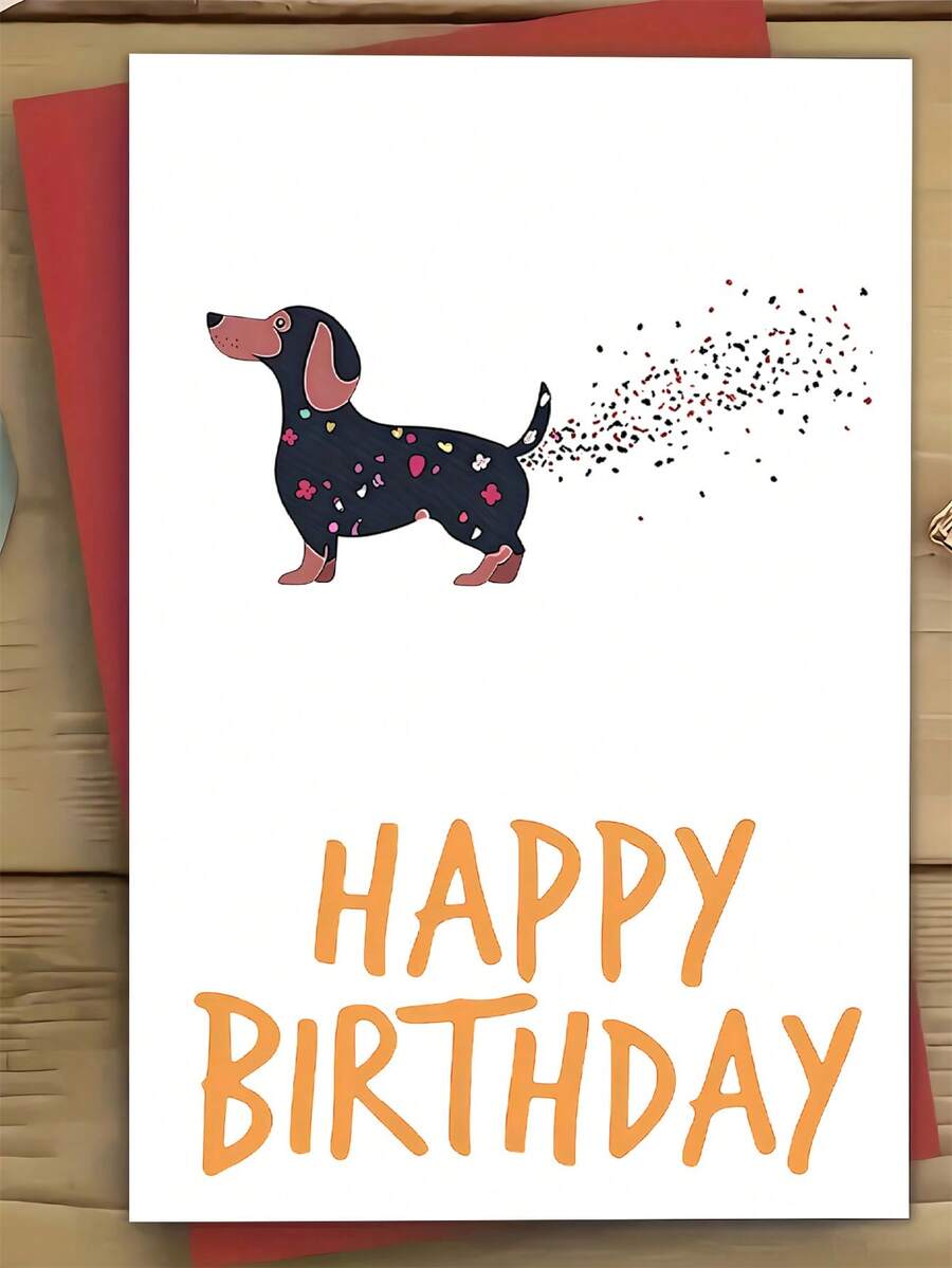 1pc Dachshund Paper Tail Cartoon Birthday Card, Funny Side View Dog Greeting, Quality Greeting Card Envelope, Creative, Fantasy Theme, Personalized, With Paper Material, For Anyone - Multicolor - View 1
