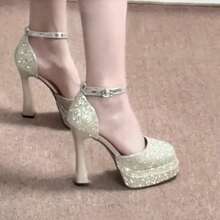 2025 Glitter Platform Bridal Heels – Sparkly Chunky Wedding Shoes For Brides - Champagne - View 6
